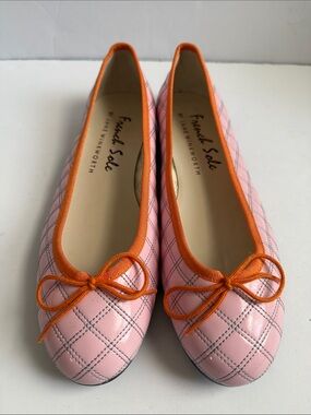 French Sole Pink Quilted Ballet Flats with Gray Stitching & Orange Trim